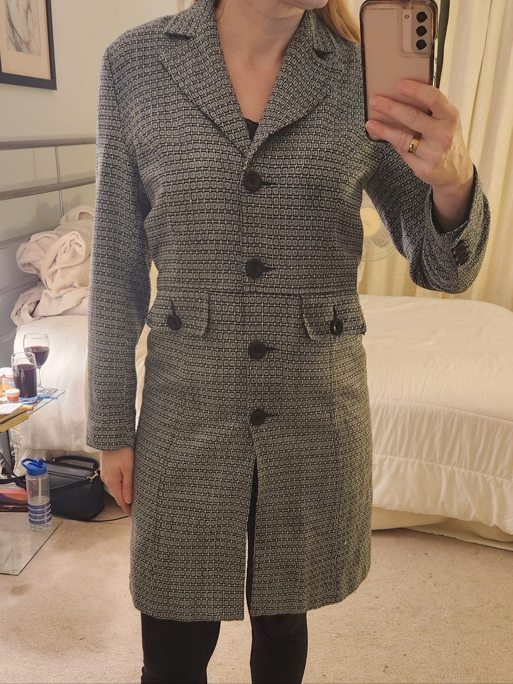 Women’s Blue Patterned Pea Coat - Classic Button Front